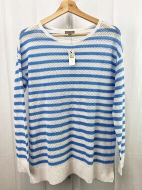 NWT T by TALBOTS  S Coolmax Crew Neck Sweater Summer Stripe Mesh Blue White